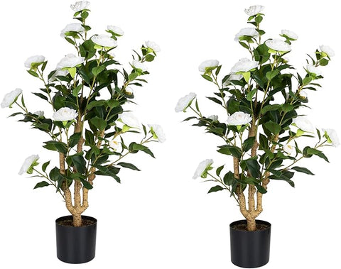 Romantic Season 2Pack Artificial Camellia Tree 3FT, White Faux Camellia Plant Fake Potted Camellia Flower Tree Plastic Camellia Tree for Modern Home Office Living Room Floor Décor Indoor