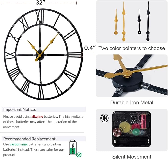 Large Wall Clock for Living Room Decor – 32 Inch Silent Non-Ticking Modern Farmhouse Wall Clock, Oversized Decorative Metal Roman Numeral Clock