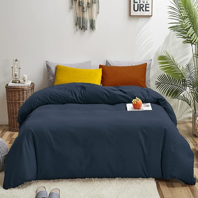 Luxlovery Navy Blue Comforter Set King Dark Blue Bedding Comforter Set Soft Breathable Quilts Breathable Cozy Comforter with 1 Yellow+1 Caramel Pillowcase for King Bed