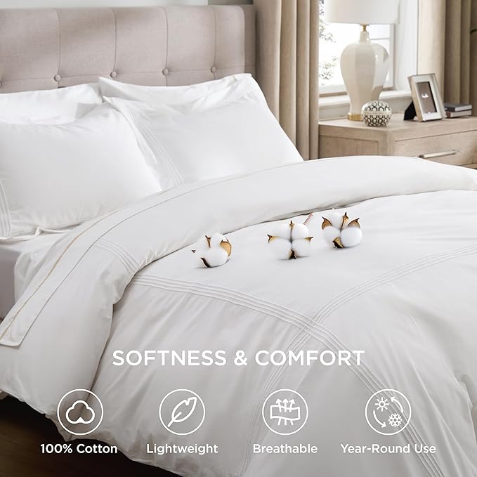 Bedsure Luxury Hotel Duvet Cover Queen Size, 100% White Cotton Rope Weave Bedding Set, Includes 1 Duvet Cover 90x90 Inches with Hidden Zipper & 2 Pillow Shams, Comforter Sold Separately