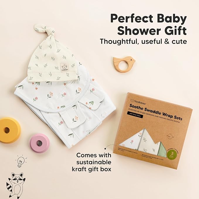 KeaBabies 3-Pack Swaddles for Newborns, Girls, Boys with Hats - Organic Soft Baby Sleep Sacks, Breathable Baby Swaddle 3-6 Months Beanies Set, Premie Infant Sleep Sack 0-3 Months (Fleur)