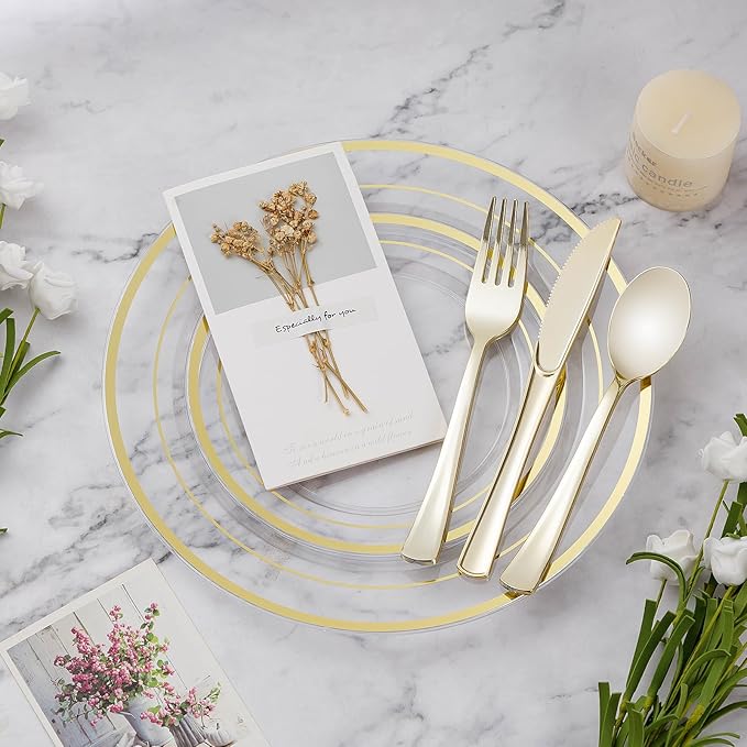 100PCS Clear Plastic Plate, Disposable Party Plates with 50 Dinner and 50 Dessert Plates, Plastic Plate for Party, Wedding and Birthday