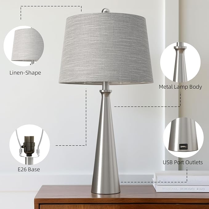 Oneach 25.75" Modern Table Lamp Set of 2, Bedside Lamps with USB Ports, Silver Nightstand Lamps Set for Living Room Bedroom House Bedside Home Office Family
