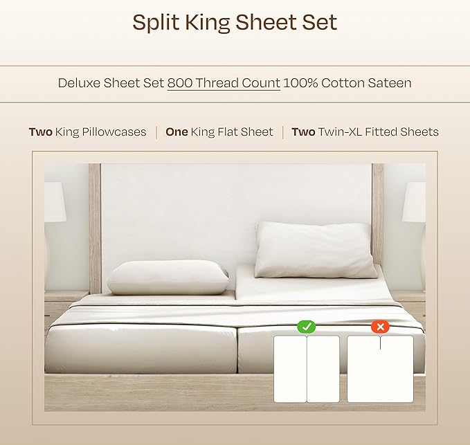 California Design Den Luxury Split King Sheets Sets for Adjustable Bed, Buttery Soft 800 Thread Count Sateen, 100% Cotton Set,Beats Fake Egyptian Claims, Includes Twin XL Fitted Sheets(Creamy Ivory)