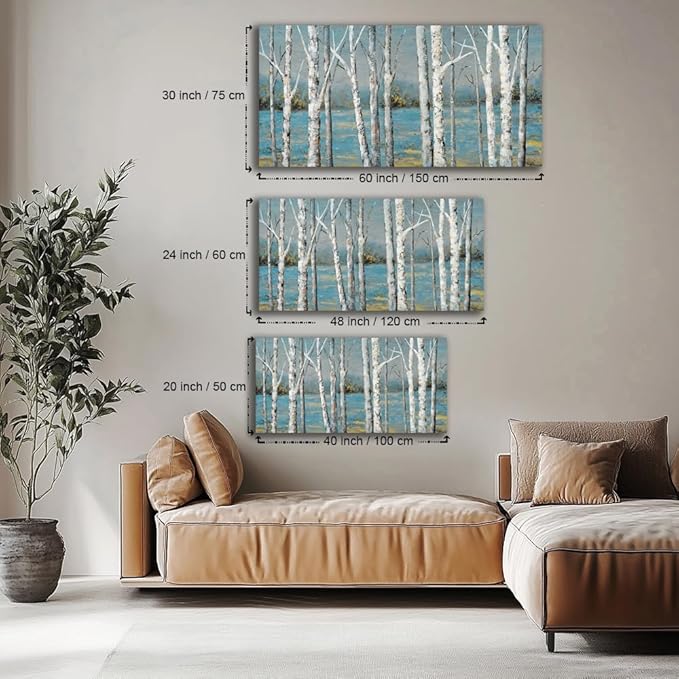 Country Birch Woods Wall Art for Living Room Office Navy Blue Forest Canvas Painting Prints Rustic Artwork Dining Room Bedroom Decor (20x40 Inches)