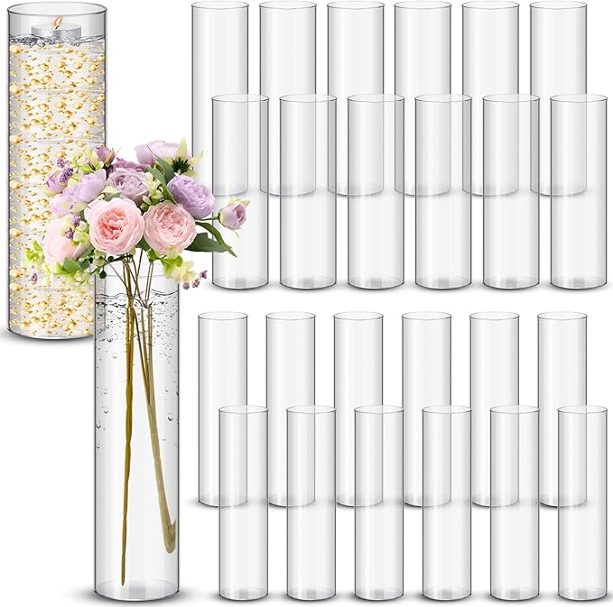 Nuogo 24 Pcs Acrylic Clear Cylinder Vase Plastic Flower Vase Unbreakable Tall for Wedding Centerpieces Party Home Plants Bouquet Decor (12 Inch)