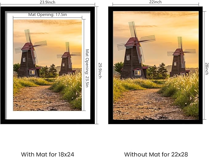 22x28 Picture Frame Set of 5, Black Poster Frame, Display Pictures 18 x 24 with Mat or 22 x 28 Without Mat for Horizontal or Vertical Wall Mounting, Wall Gallery Frame