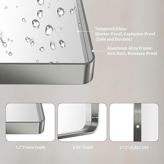 LOAAO 60X30 Inch Brushed Nickel Bathroom Mirror, Rounded Rectangle Silver Metal Frame Mirror, Brushed Nickel, Anti-Rust, Shatter Proof, Hangs Horizontally or Vertically