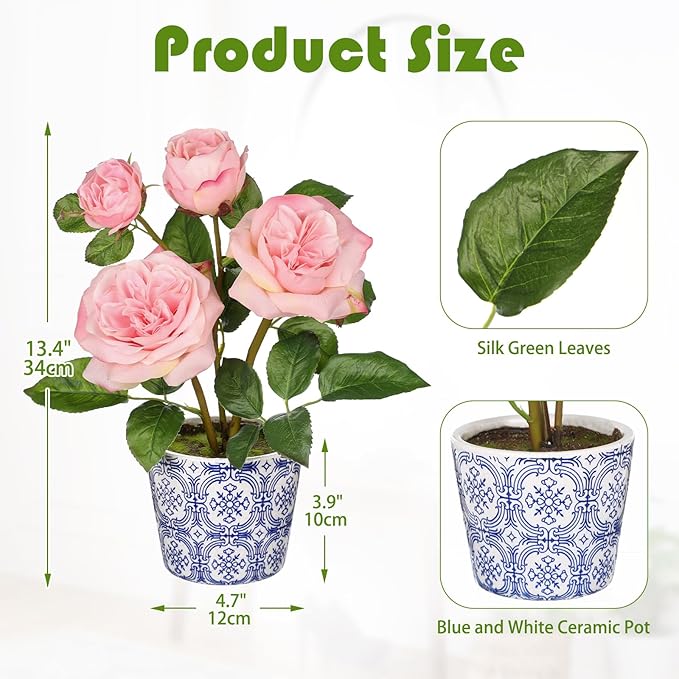 Hollyone Pink Roses Artificial Flowers in Blue and White Porcelain Vase 13.4" Fake Roses Flower Arrangement Artificial Plants & Flowers Potted Plant Faux Silk Rose Flower with Ceramic Pot Home Decor