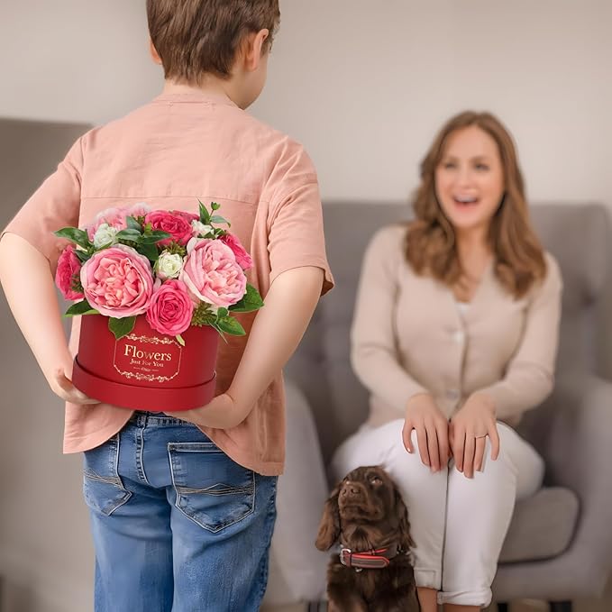 Hollyone Red Pink Artificial Peonies Roses in Vase Round Gift Boxes with Fake Flowers Arrangements Faux Flowers Floral in Box Vase for Her Mothers' Day Valentine's Day Christmas Birthday Gift