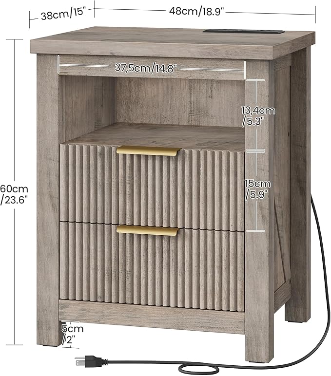 Fluted Nightstand, End Table with Charging Station and 2 Drawers, Farmhouse Nightstands with Fluted Panel, Engineered Wood Side Table for Bedroom Greige MBZ06UFH