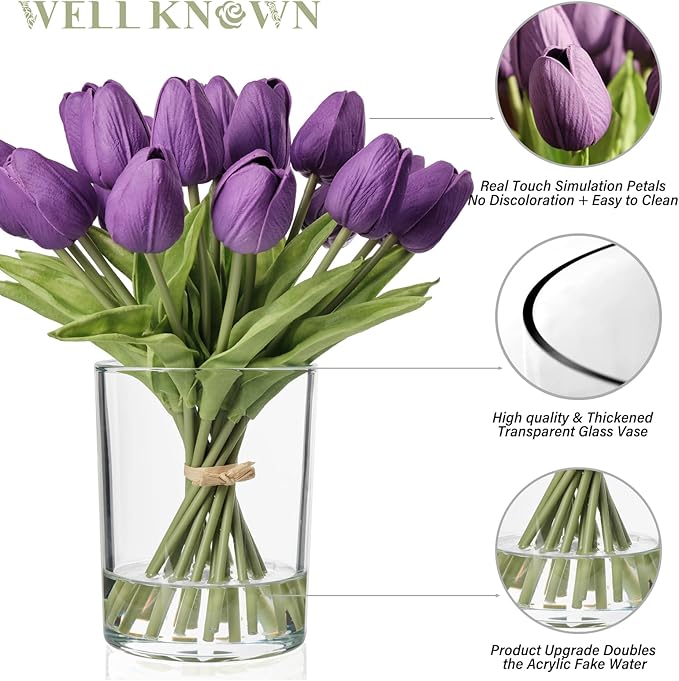 WELL KNOWN 20 Pcs Tulips Artificial Flowers in Vase, Real Touch Upgrate Purple Tulips Fake Flowers with Vase Flower Arrangements Artificial Centerpiece for Dining Room Table