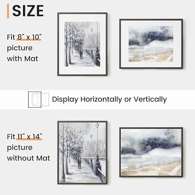 11x14 inch Metal Picture Frame - 11 x 14 Thin Aluminum Photo Frames with 8x10 Removable Mat - High Definition Plexiglass - Vertical and Horizontal Display - Wall Hook Hanging Hardware Included - Black, Set of 4