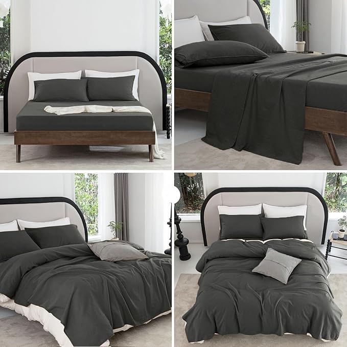 Talasily Linen Sheets- California King Size Sheets Set,Blend from Linen Cotton Bedsheets,All Seasons Soft Breathable 4 Piece Set-Dark Grey