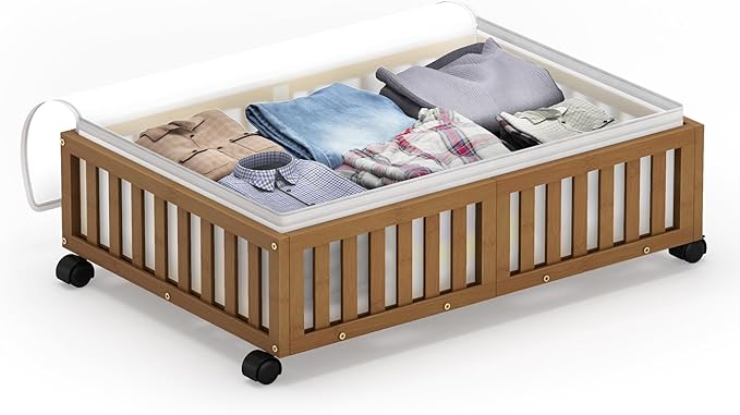Bamboo Under Bed Storage Containers with Wheels, Rolling Under the Bed Shoe Storage Bins, Wood Stackable Underbed Drawers with Bag Organizer for Bedroom Closet Clothing Under Crib Toy Walnut 1PCS