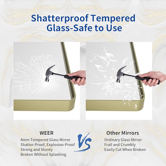 WEER Gold Bathroom Mirror, 72X36 Inch Brushed Gold Metal Frame Mirror, Rounded Rectangle Gold Bathroom Vanity Mirror for Wall, Tempered Glass, Anti-Rust, Hangs Horizontally or Vertically