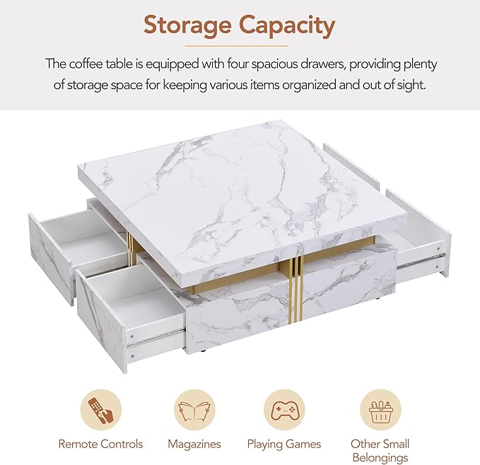 Merax Coffee Table, Modern Square Coffee Table with 4 Drawers, Contemporary Luxury Center Table Cocktail Table with Gold Accents for Living Room, 43.3" Lx 43.3" W (White)