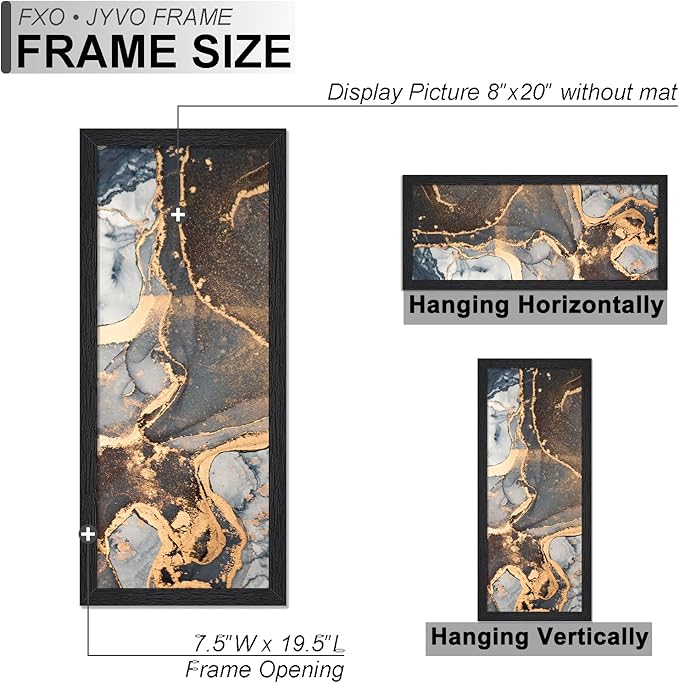 Engineered Wood 8x20 Picture Frame Set of 6, Black Frame for 8 x 20 Inch Picture Poster Photo, Light Weight 8 by 20 Frame with Wood-grain for Wall - 6 Pack/Black/8"x20"
