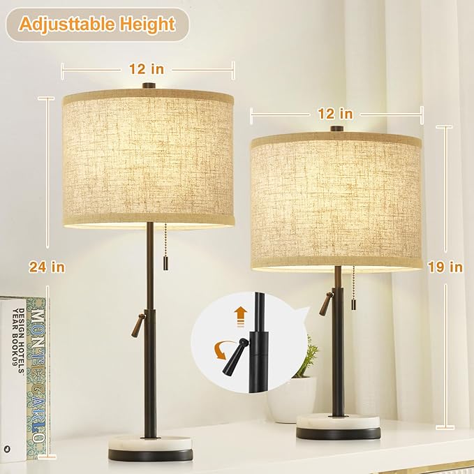 GyroVu Table Lamps Set of 2, Adjustable Height Bedside Marble with Pull Chain Nightstand Modern Lamp for Living Room Bedroom Office Bulbs Not Included(Black) Black Set of 2
