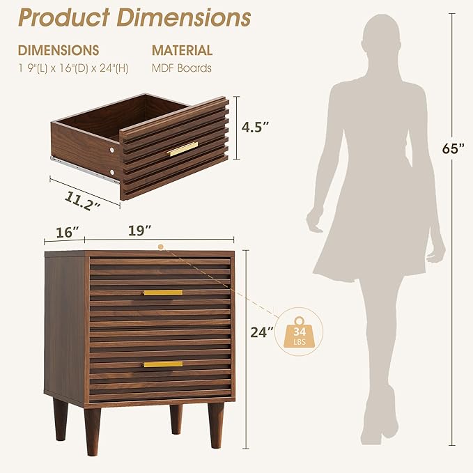 Alohappy Nightstands Set of 2, Mid Century Modern Night Stands, Fluted Bedside Table for Bedroom, Side End Table with Storage Drawers, Vintage Wood Accent Table for Living Room, Brown 2pcs