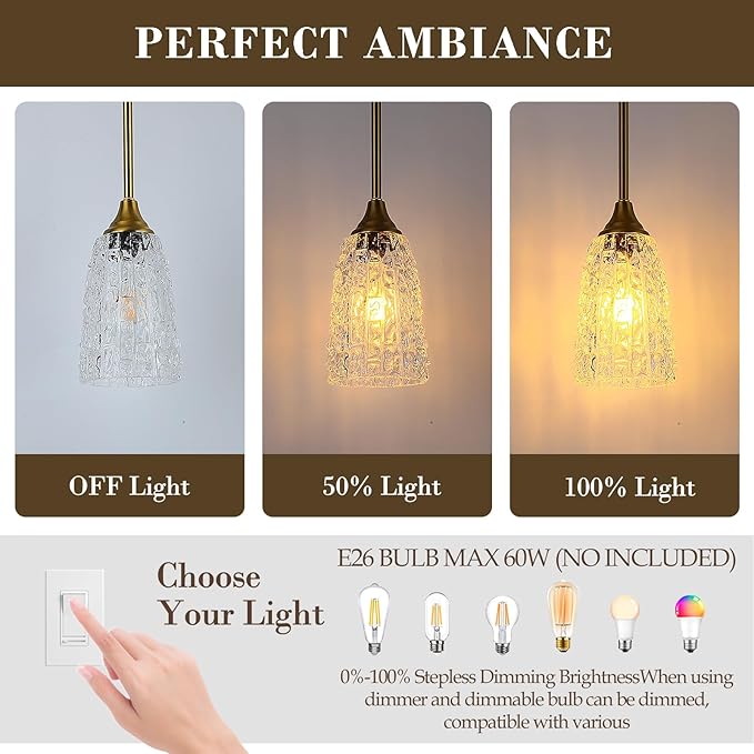 Glass Pendant Lights Kitchen Island, 1-Light Brushed Gold Pendant Light Fixtures with Hammered Glass and Rods, Modern Farmhouse Mini Hanging Light for Kitchen Sink Dining Room Bedroom, E26