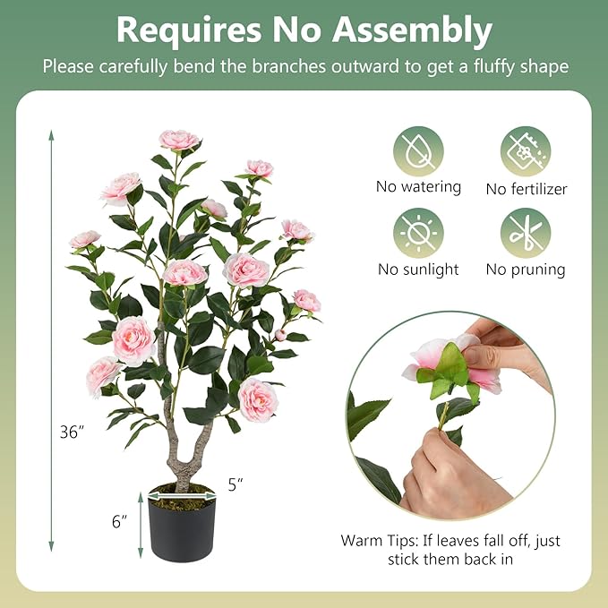 Goplus 36’’ Artificial Camellia Tree, 2 Pack Flower Plants Artificial Tree, Faux Floral Plant Blooming Tree in Nursery Pot, Greenery Potted Plant for Indoor Office Home Porch Decor, Pink
