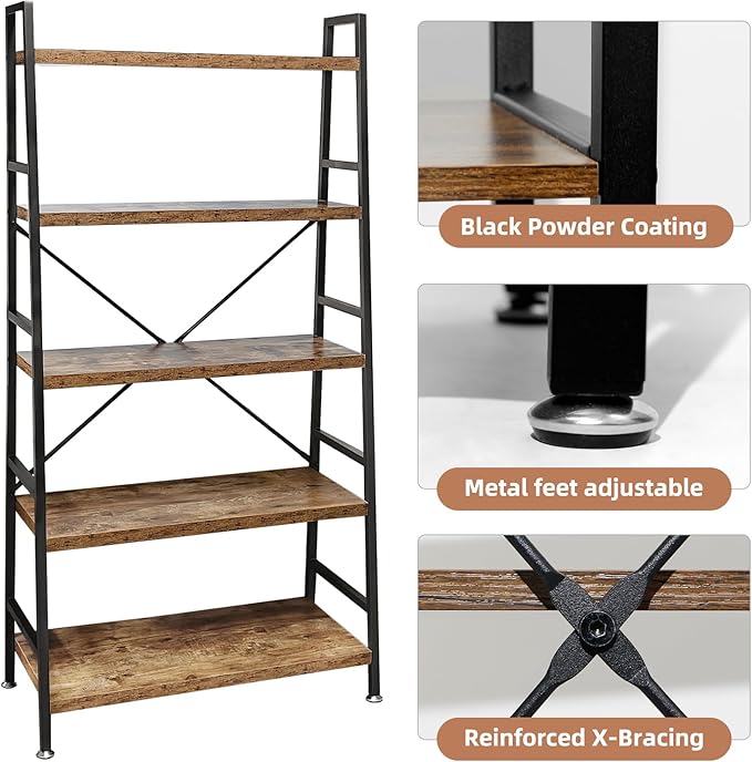 5 Tier Ladder Bookshelf, Heavy Duty Rustic Brown Wood and Metal Bookcase with 1.2" Thick Shelves, 63" H x 30" W x 14" D, Industrial Open Storage Shelving for Living Room, Bedroom, Kitchen
