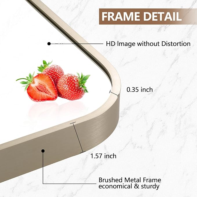 24x32 Inch Brushed Nickel Bathroom Mirror, Framed Rectangle Mirror with Rounded Corner, Brushed Mirror, Silver Bathroom Mirror for Over Sink, Vanity, Living Room, Bedroom, Horizontal/Vertical