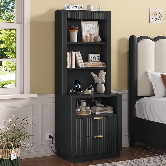 ADORNEVE Tall Fluted Nightstand, Side Table with Drawers & Open Shelf, Mid Century Modern Night Stand with Metal Handle, Wooden Bedside End Table for Bedroom,Living Room,Black