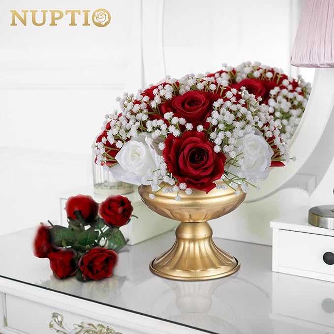 NUPTIO Flower Ball Arrangement Bouquet: 2 Pcs 8.6 inch Diameter Crimson Rose Fake Babys Breath Artificial Flowers for Wedding Centerpiece Event Party Tables Decorations