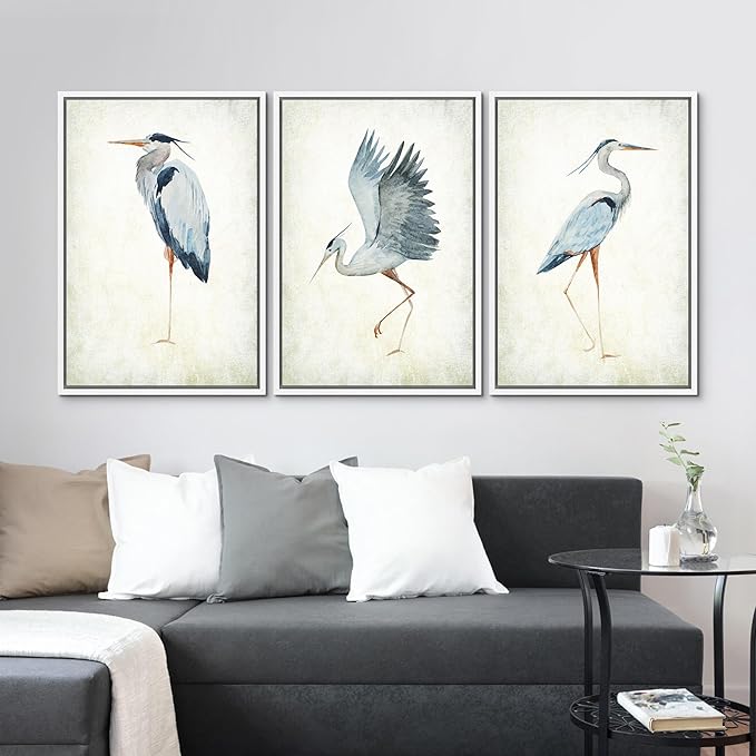 MUDECOR Framed Canvas Print Wall Art Heron Bird Wild Animal Prints Minimalist Modern Art Boho Relax Cozy Decor for Bedroom - 24"x36"x3 White