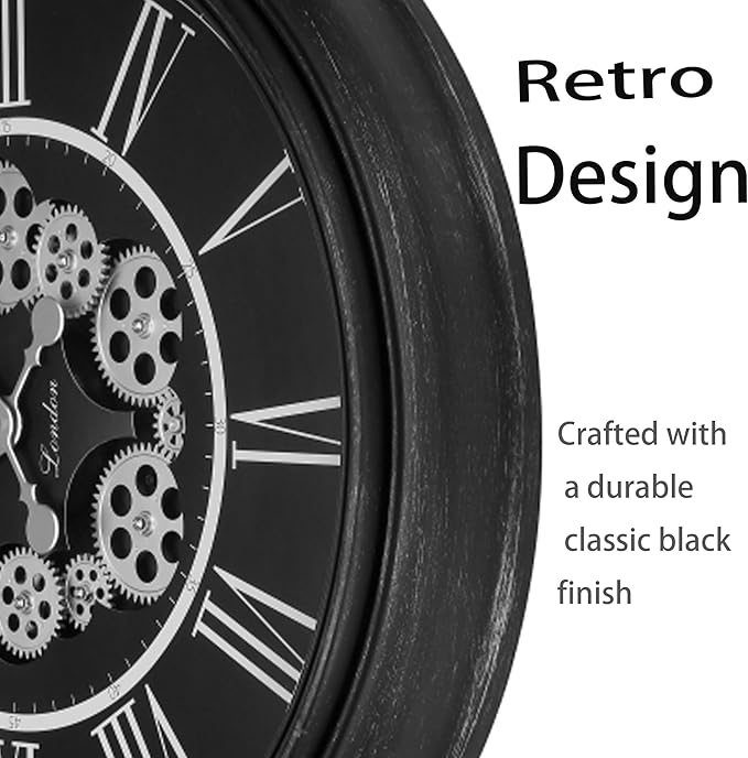 23 Inch Black Steampunk Wall Clock with Decorative Gears, Industrial Vintage Analog Clock for Living Room, Farmhouse, Office Decor, Silent Non-Ticking Battery Operated