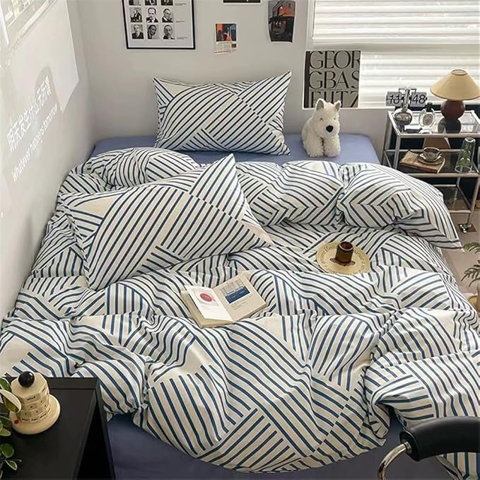 VM VOUGEMARKET Blue Geometric Duvet Cover Set, 100% Cotton Stripes Bedding Set,3 Pieces Instagram Style Simple Modern Duvet Cover with 2 Pillowcases-Queen,Blue Stripes