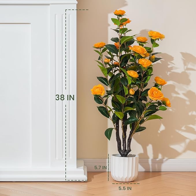 3.2FT Artificial Camellia Tree, Orange Silk Flowers, Indoor Faux Plants with Realistic Trunk in White Cement Pot for Home House Living Room Bedroom Office Decor, 1pc