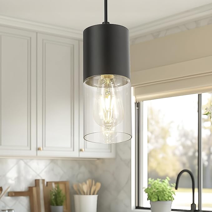 2-Pack Pendant Lights Kitchen Island, Matte Black Hanging Lights Fixtures with Cylinder Clear Glass, Modern Kitchen Pendant Lighting Over Island for Dining Room, AD-24023-1P2-BK