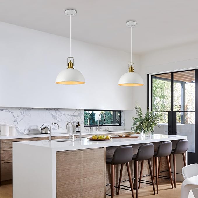 12 Inch White Farmhouse Pendant Lights for Kitchen Island Industrial Pendant Lighting Adjustable Height Vintage Dome Hanging Light Fixtures for Barn, Dining Room 2 Packs