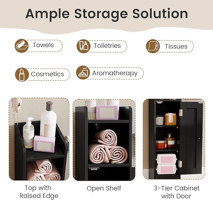 Tangkula Small Bathroom Storage Cabinet with Door, Toilet Paper Holder Stand with Adjustable Shelves & Open Compartment for Small Spaces, Narrow Freestanding Storage, 7 x 7.5 x 31.5 Inches (Black)