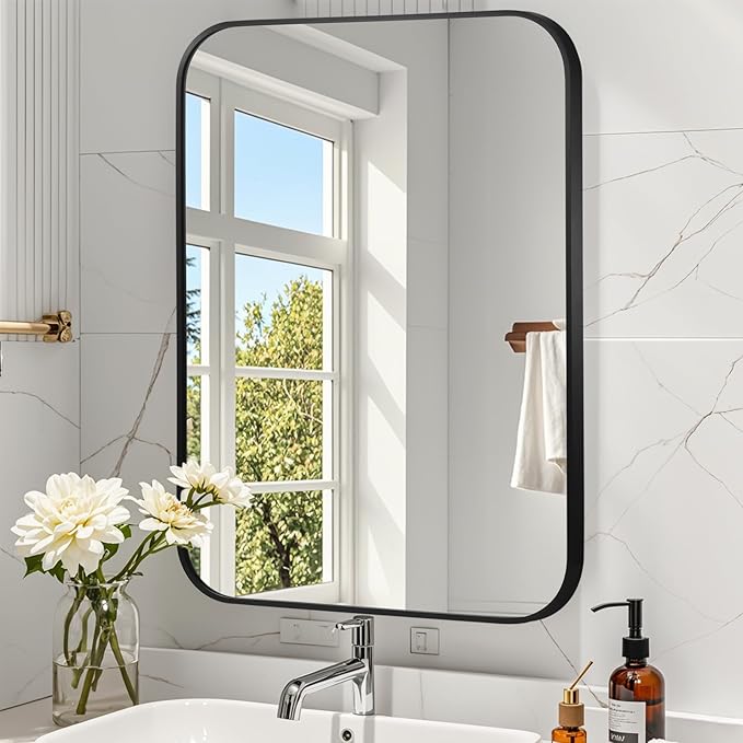 Matte Black Mirror, 20"x28" Rectangle Bathroom Mirror, Metal Frame Rectangle Corner Vanity Mirror, Wall Mounted Mirror for Modern, Living Room, Bedroom, Horizontal Or Vertical