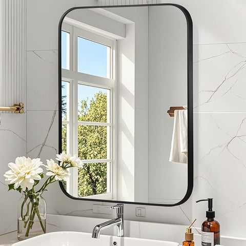 Matte Black Mirror, 20"x28" Rectangle Bathroom Mirror, Metal Frame Rectangle Corner Vanity Mirror, Wall Mounted Mirror for Modern, Living Room, Bedroom, Horizontal Or Vertical