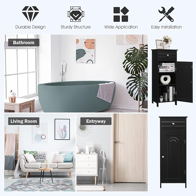 GLACER Floor Storage Cabinet, Multifunctional Bathroom Storage Cabinet with 2 Adjustable Shelves, Ideal for Bathroom, Living Room, 14 x 12 x 34.5 inches (Black)