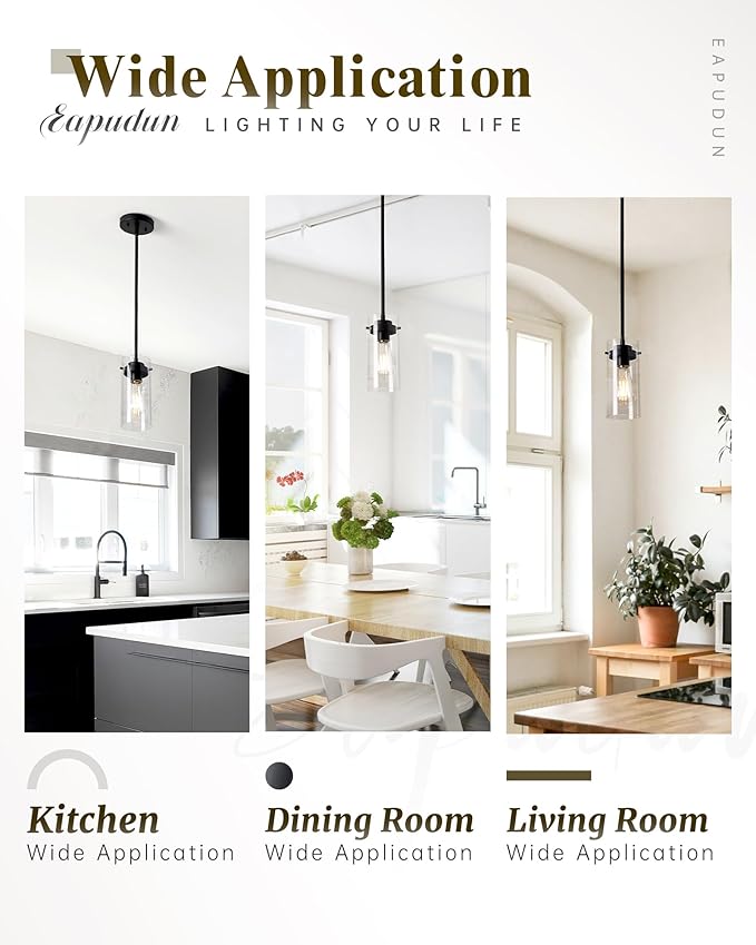 EAPUDUN Industrial Pendant Light Fixtures,Clear Glass Shade Pendant Lighting,Vintage Hanging Lighting Fixture for Kitchen Island,Dining Room,Corridor Bedroom E26 Base UL Listed, PDA1353-MBK