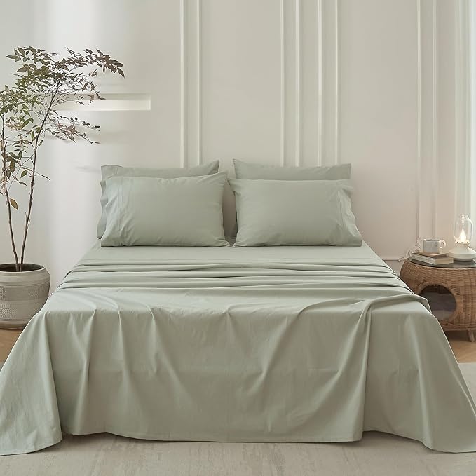 6PS Linen Like Bedding Sheet Sets Sage Green Queen Size Cotton Bedding Set Oeko-TEX Standard 100% Washed Cotton Deep Pocket Queen Size Fitted Sheet Plus Cozy Flat Sheet and 4 Pillowcases