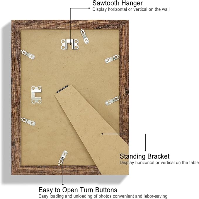 8x11 Picture Frame Set of 2, Made of Real Glass and Rustic Brown Wooden Frame - 8 by 11 Photo for Wall or Tabletop Display