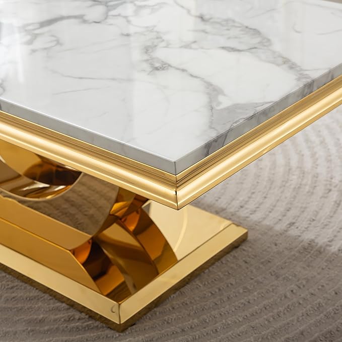 Modern Marble Coffee Table with Stainless Steel Pedestal, 47" Luxury Gold Coffee Tables for Living Room, Unique Faux Marble Cocktail Table Rectangle Funky Coffee Center Table for Living Room