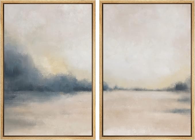 MUDECOR Framed Canvas Print Wall Art Set Gray & Tan Grunge Pastel Watercolor Landscape Abstract Shapes Illustrations Modern Art Decorative Boho for Living Room, Bedroom, Office - 24"x36"x2 Natural