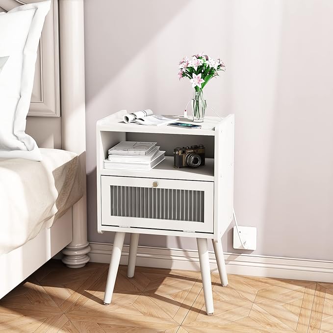 Mid Century Modern Nightstand with Charging Station, Bedside Tables with Glass Decorative Door, End Table Side Table with 2 Tiers Storage Space, for Bedroom, Living Room, White