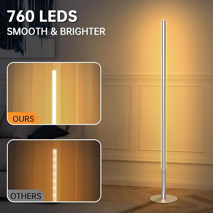 Marlrin Minimalist Corner Floor Lamp 2-Pack, 2700K-6500K Dimmable with Remote Control, 57.8" Metal Slim Ambient Standing LED Light, Modern Design Decorative Lamp for Living Room Bedroom (Silver)