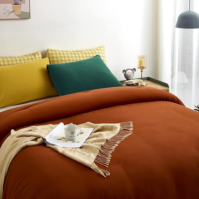 Luxlovery Rust Comforter Set California King Burnt Orange Bedding Comforter Set Caramel Bedding Set Solid Color Rust Orange Bedding Set Queen Bed Cozy Red Bronze Bedding Comforter Cal King