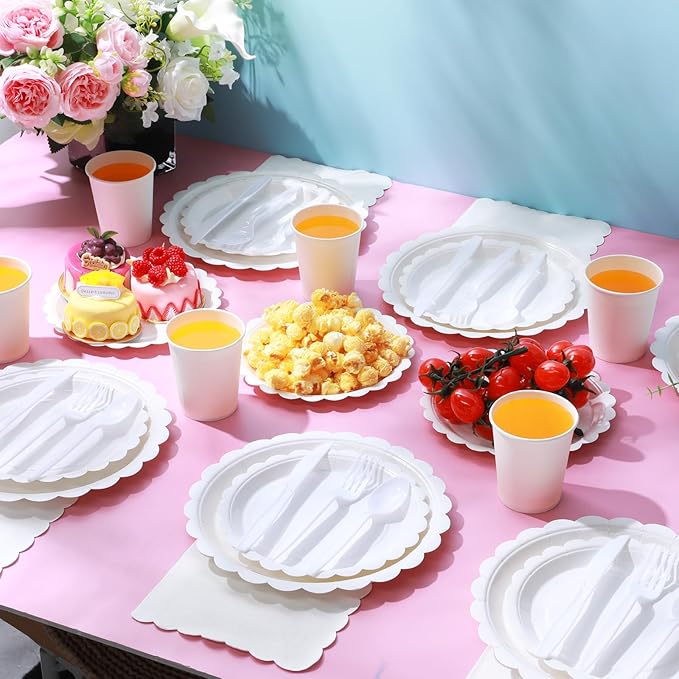 350 Pcs White Plates and Napkins, 50 Guest White Party Supplies Include Scalloped Paper Plates Napkins Cups Plastic Spoons Forks Knives Disposable Tableware Set for Weeding Bridal Baby Shower