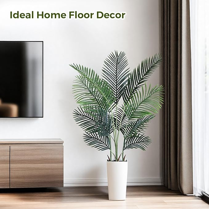 Artificial Areca Palm Tree 5FT Fake Potted Plant Faux Silk Tropical Areca Palm Real Bark Design, Large Artificial Plant in Tall White Pot for Home Living Room House Warming Floor Decor